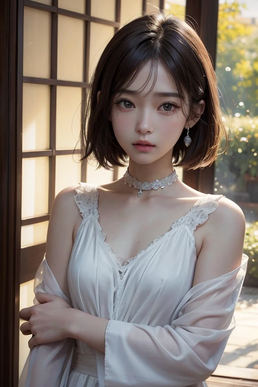 masterpiece, best quality, ultra detailed, masterpiece、Browsing Caution, super high quality、Crystal Clear、RAW UHD Format、Droopy eyes、High resolutionの光る目、highest quality, close, Realistic skin texture, photograph shoot, Detailed facial features, Film grain and high contrast, 非常にHigh resolutionの詳細, photograph, Realistic, Surreal, High resolution, masterpiece、17歳のウクライナ美少女photograph、Boyish and healthy girl、choker、short hair、Cowboy Shot