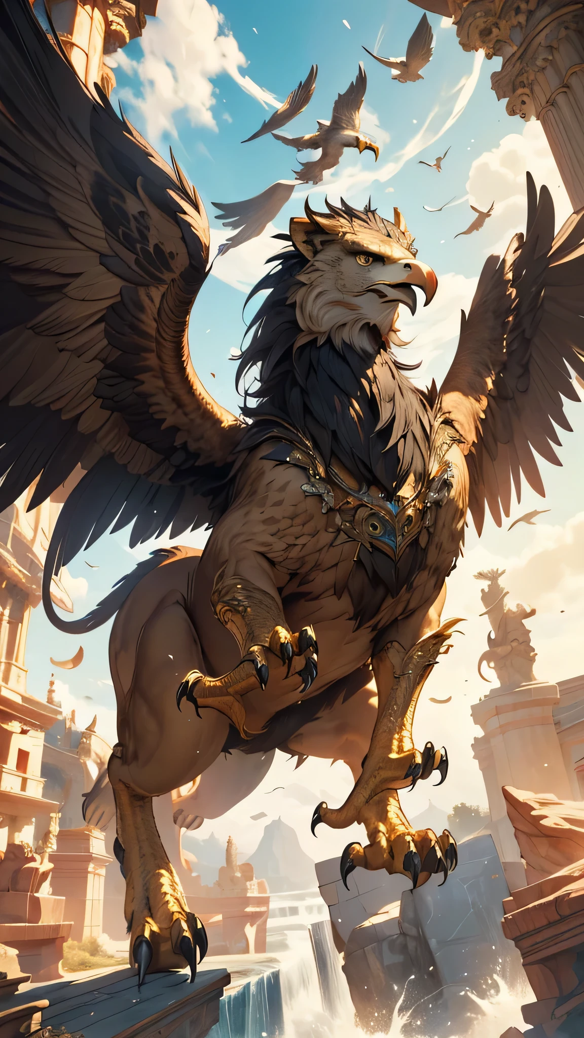 (best quality,4k,8k,highres,masterpiece:1.2),ultra-detailed,(realistic,photorealistic,photo-realistic:1.37),griffin,mythical creature, majestic, powerful,beast, eagle head, lion body, large wings, fierce appearance, intricate feathers, agile and graceful, regal presence, mythical hybrid, strength and elegance combined, ancient guardian, magical creature, fantasy creature, legendary creature, creature of legend, enchanting creature, captivating, awe-inspiring, mythical realm