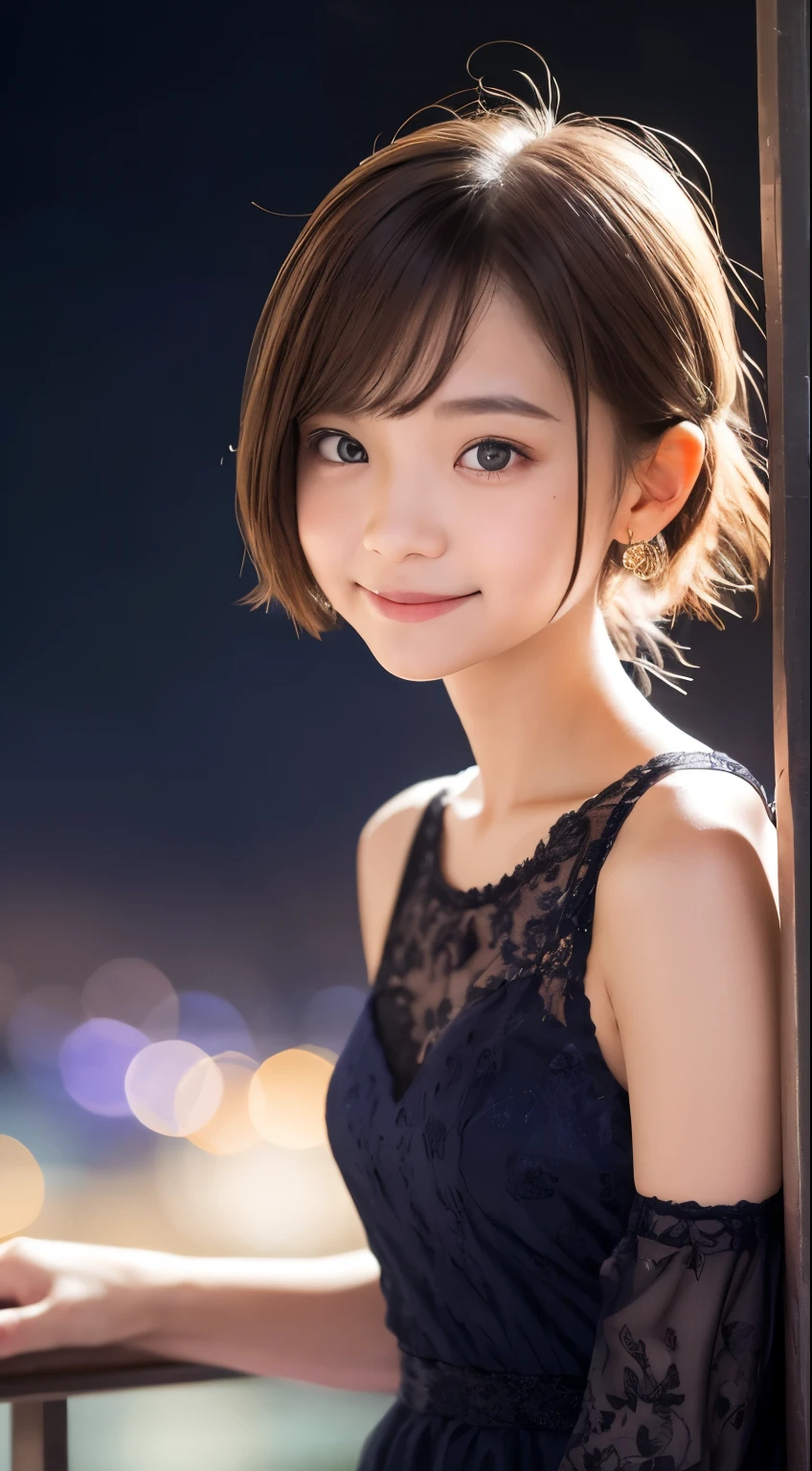 Tabletop, highest quality, 8k, 10 year old student, Teen, RAW Photos, Absurd, Award-winning portrait, smile, alone, (night:1.8), Idol's face, Violet, Delicate girl, Upper Body, Digital SLR, View your viewers, Frank, Sophisticated,Thin arms, Professional Lighting, Film Grain, chromatic aberration, (Eyes and facial details:1.0), (Bokeh:1.1) , (Robe Dress:1.0) , Close your mouth