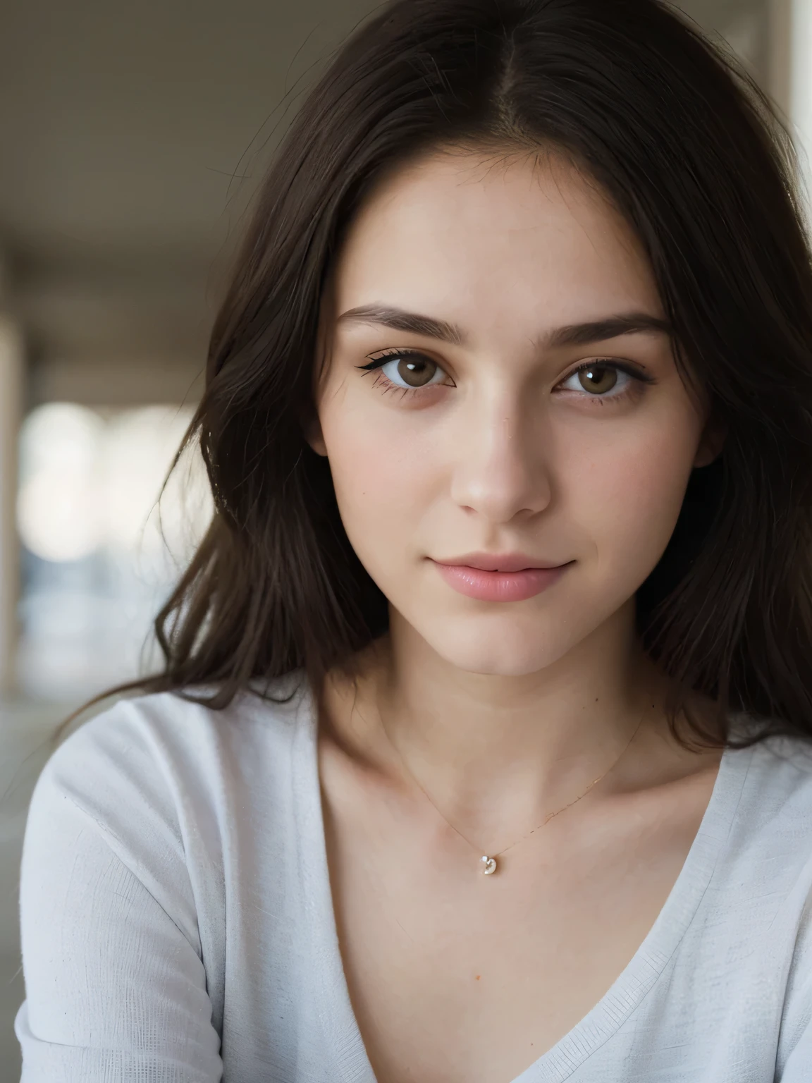 brunette 22 year old woman selfie face is clear portrait face only black eyes black hair
