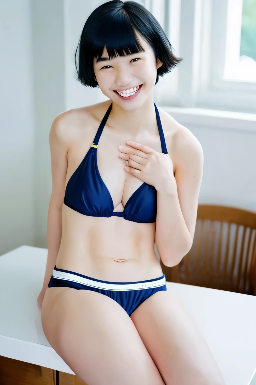 alone、12 years old、Natural body shape、White skin、Natural Makeup、Black Hair、bangs、short hair、(((Swimwear))) 、(((Navy Blue、スクールSwimwear)))、((Small breasts))、((Looking at the camera))、((White thighs))、White socks、Black Loafers、((Sitting on a desk with legs spread、Raise one knee))、Full body photo、((Focus on the groin))、smile、((Smiling with teeth showing))