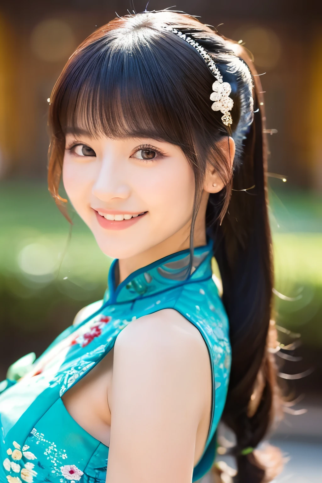 solo girl,stand in the park,casual summer knit dresses,(flower hair ornament,Braided top knot,Twisted side part ponytail braided headband,half up、Braided Space Van,voluminous fishtail braid,Twisted pan),(The bangs are see-through bangs),(((emphasize the chest:1.3))),(dynamic angle),(dynamic and sexy pose),(lean forward:1.3),(((a majestic statue))),Disturbance of clothing due to movement,Breast flick,hairpin,necklace,earrings,Beautiful woman,.perfect face,With a round face,(A smile that makes people happy:1.7),big and full breasts,,intricate details,very delicate and beautiful hair,realistic,dream-like,realistic shadow,focus only,beautiful hands,beautiful fingers,Detailed functions of fingers,Detailed features of the garment,Detailed characteristics of hair,detailed facial features,、(professional lighting),(Photoreal:1.3),(RAW photo.),(highest quality,Ultra high resolution output image,) ,(8K quality,),(Image mode Ultra HD,)