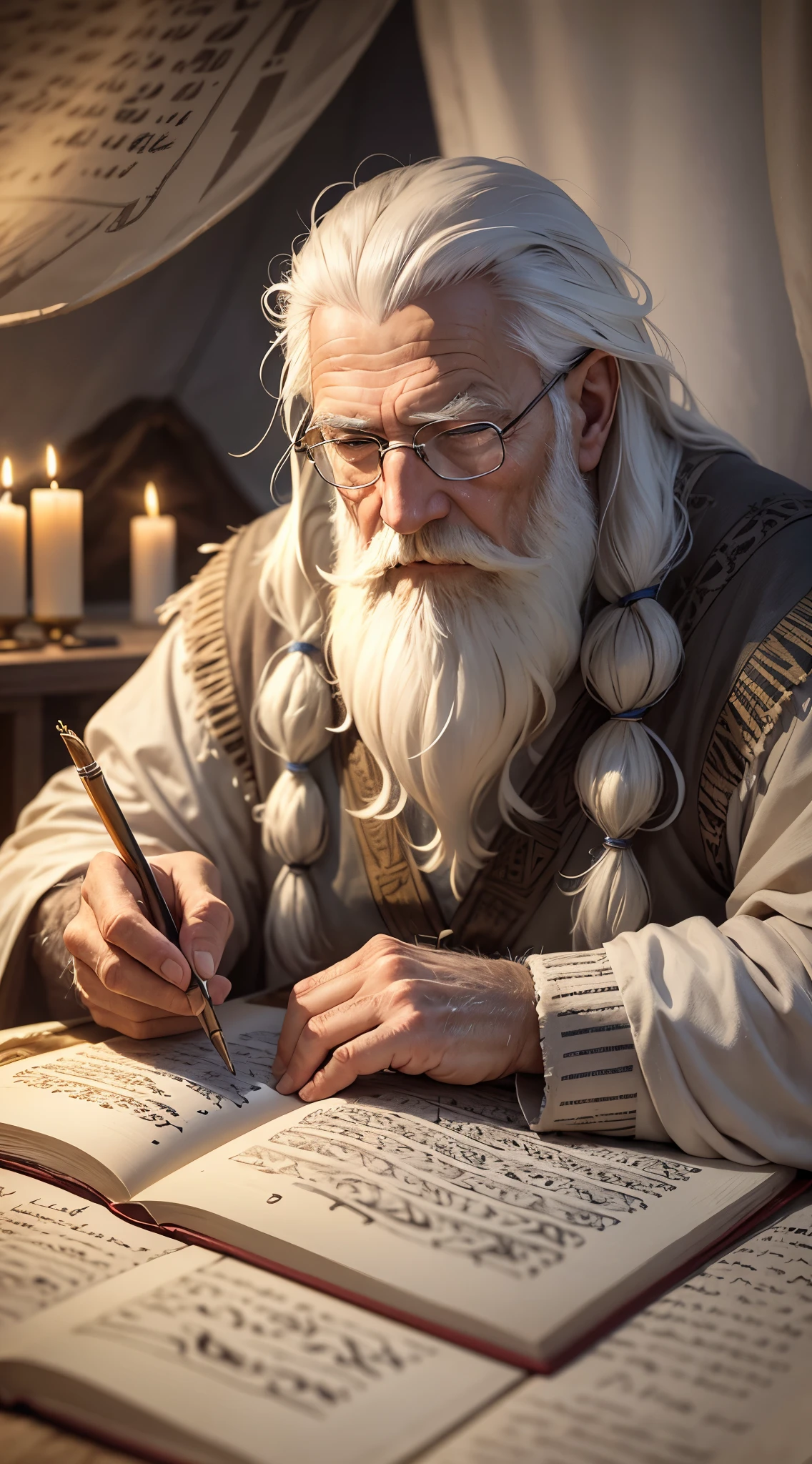 An old man, long white hair, long white beard, writing a papyrus, writing with a feather, is inside a tent, farthest view of the tent, candlelight, hyper realistic, photography effect, 8k, super detailed, biblical, Hebrew descendant. --auto --s2