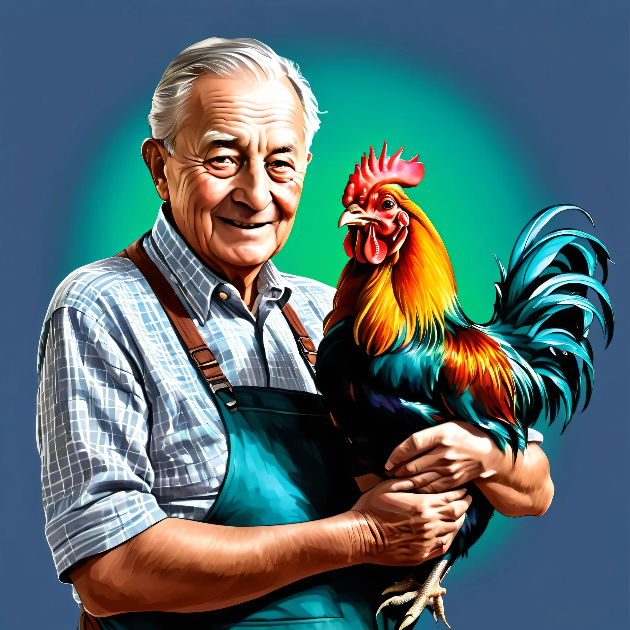 illustration of a grandfather holding his pet rooster with colored images