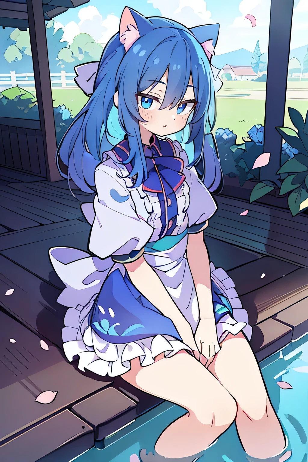 (masterpiece:1.2),ultra-detailed,realistic,expressive eyes,fair-skinned,perfectly shaped face,1girl,
Japanese cartoons,Gorgeous blue hair, flowing blue hair,floating clothes,cat ears,petals falling,beautiful Lola,Hina Angel,
hands on waist,gracefully sitting on the ground,legs crossed,gentle and serene background,cool and comfortable pavilion.