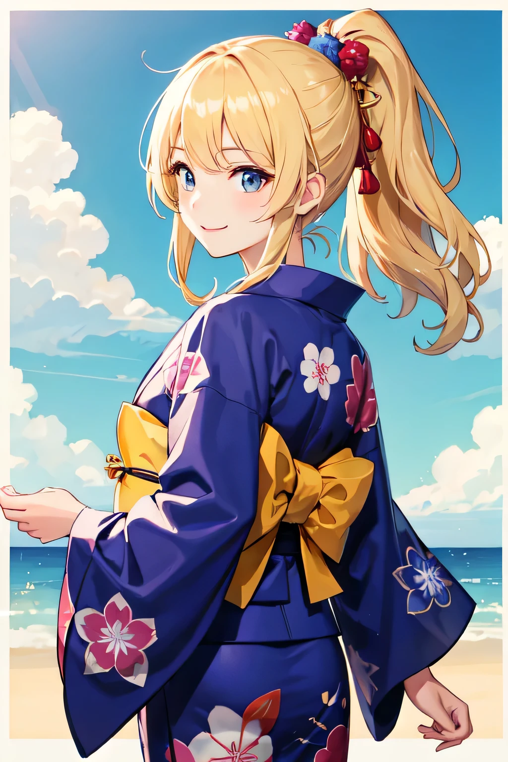 ((highest quality)), ((masterpiece)), (detailed), Perfect Face、Festivals、yukata、blonde、ponytail、Smooth Hair、A happy face、look back、