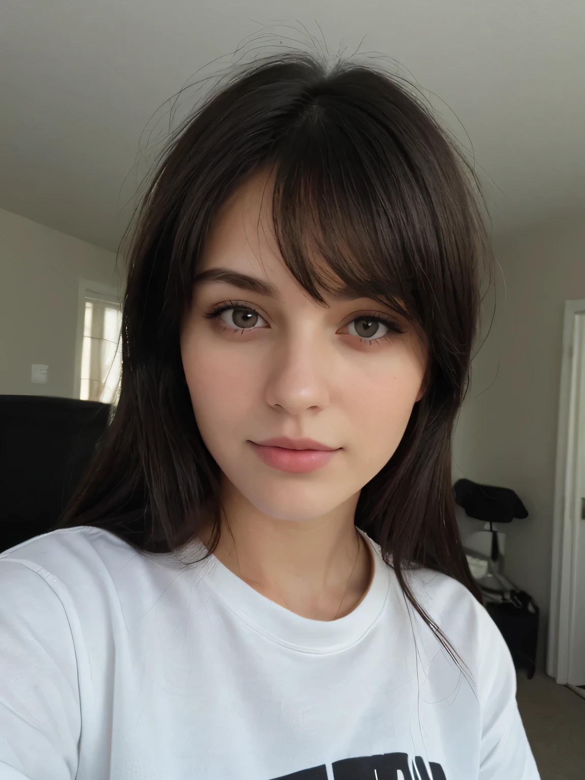 brunette 22 year old woman selfie face is clear portrait face only black eyes black hair