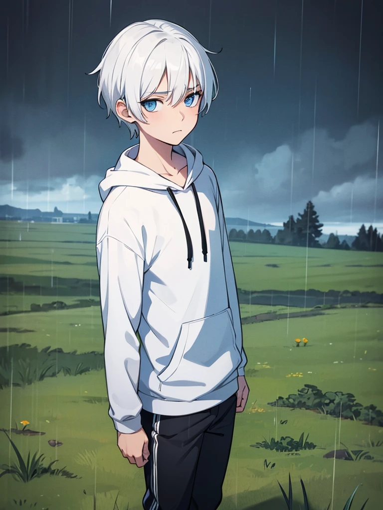 Young boy, solo, white hair, blue eyes, black long arm shirt, wearing hoodie, blue long pant, be sad, innocent, standing, grass field background, grey atmosphere, raining time, masterpiece, pov, portrait