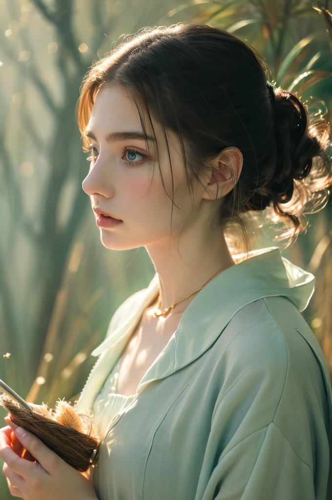 ( masterpiece, top quality, best quality,8k, girl,ultra detailed,raw photo:1.5),(photorealistic:1.4), (cinematic lighting), PerfectNwsjMajic, , Surrealism, UHD, ccurate, Super detail, textured skin, High detail, Best quality, dynamic angle, White skin,[Beautiful blue eyes], high nose,[flat chest:large breasts:0.5],(1girl),((good anatomy:0.5)), Dreamy atmosphere,expressive brush strokes, mystical ambiance, Artistic interpretation, Stunning Studio Ghibli style costumes, a whimsical illustration, Subtle colors and tones, mystical aura, jewelry, splendor 