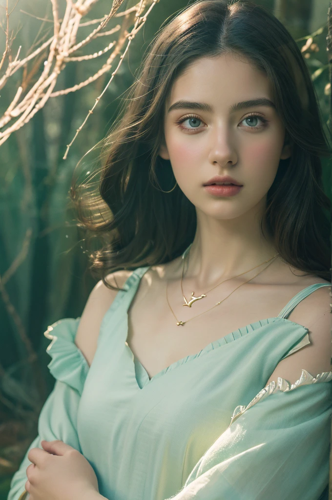 ( masterpiece, top quality, best quality,8k,17 years old girl,ultra detailed,raw photo:1.5),(photorealistic:1.4), (cinematic lighting), PerfectNwsjMajic, , Surrealism, UHD, ccurate, Super detail, textured skin, High detail, Best quality, dynamic angle, White skin,[Beautiful blue eyes], high nose,[flat chest:large breasts:0.5],(1girl),((good anatomy:0.5)), Dreamy atmosphere,expressive brush strokes, mystical ambiance, Artistic interpretation, Stunning Studio Ghibli style costumes, a whimsical illustration, Subtle colors and tones, mystical aura, jewelry, splendor 