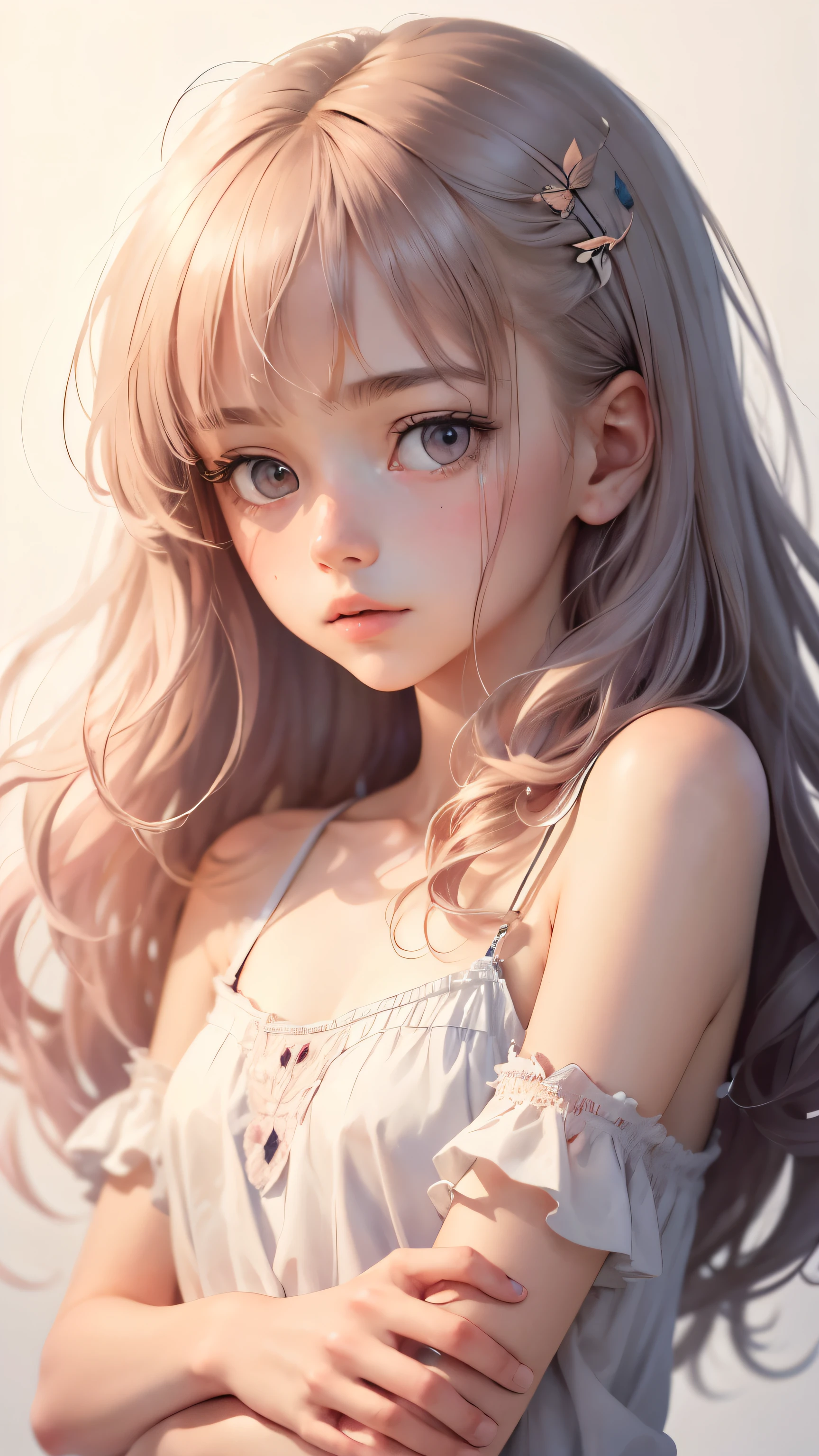 (Pieces fly),(highest quality:1.1),(Very detailed),Best illustrations,The finer details,(Portraits:1.1),(Watercolor)fluffy,1 girl,alone,,slim,(Very delicate and beautiful face),(Beautiful eyes in every detail),Pink thick lips,(Messy Hair),Soft and lazy,(Simple Background:1.2)Overall background color,Transparent parts,In 4K,Full Shot,Thin legs,