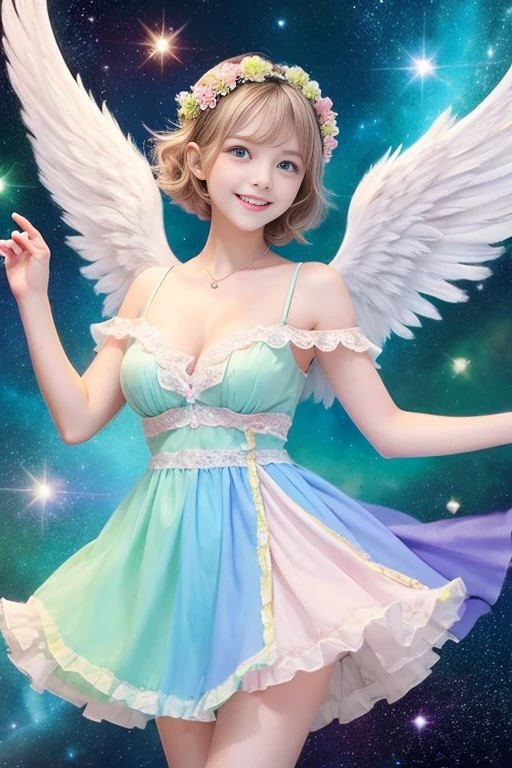 top quality, pastel painting, gentle atmosphere, twin girl angel, cute, Big breast, white wings, smiling happily, brown short hair of different colors, one with blue eyes, one with green eyes, dresses of different colors, flower hair ornament, looking at the viewer, space, meteor, light,