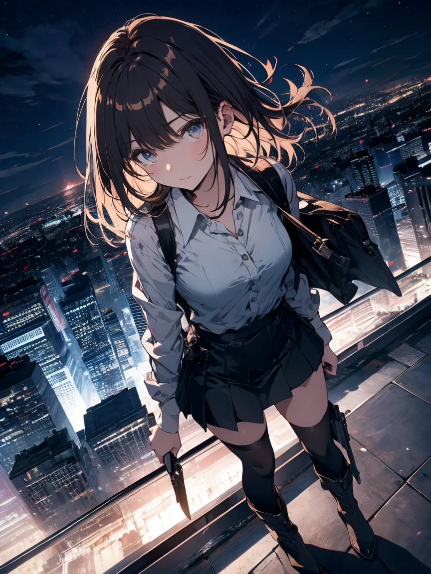 Brown Hair、night、building、rooftop、Overlooking the lower world,Black mini skirt,vision,Small face bangs ,beauty,vision 、Black boots 、one person 、Dress shirt、Panty shot holster