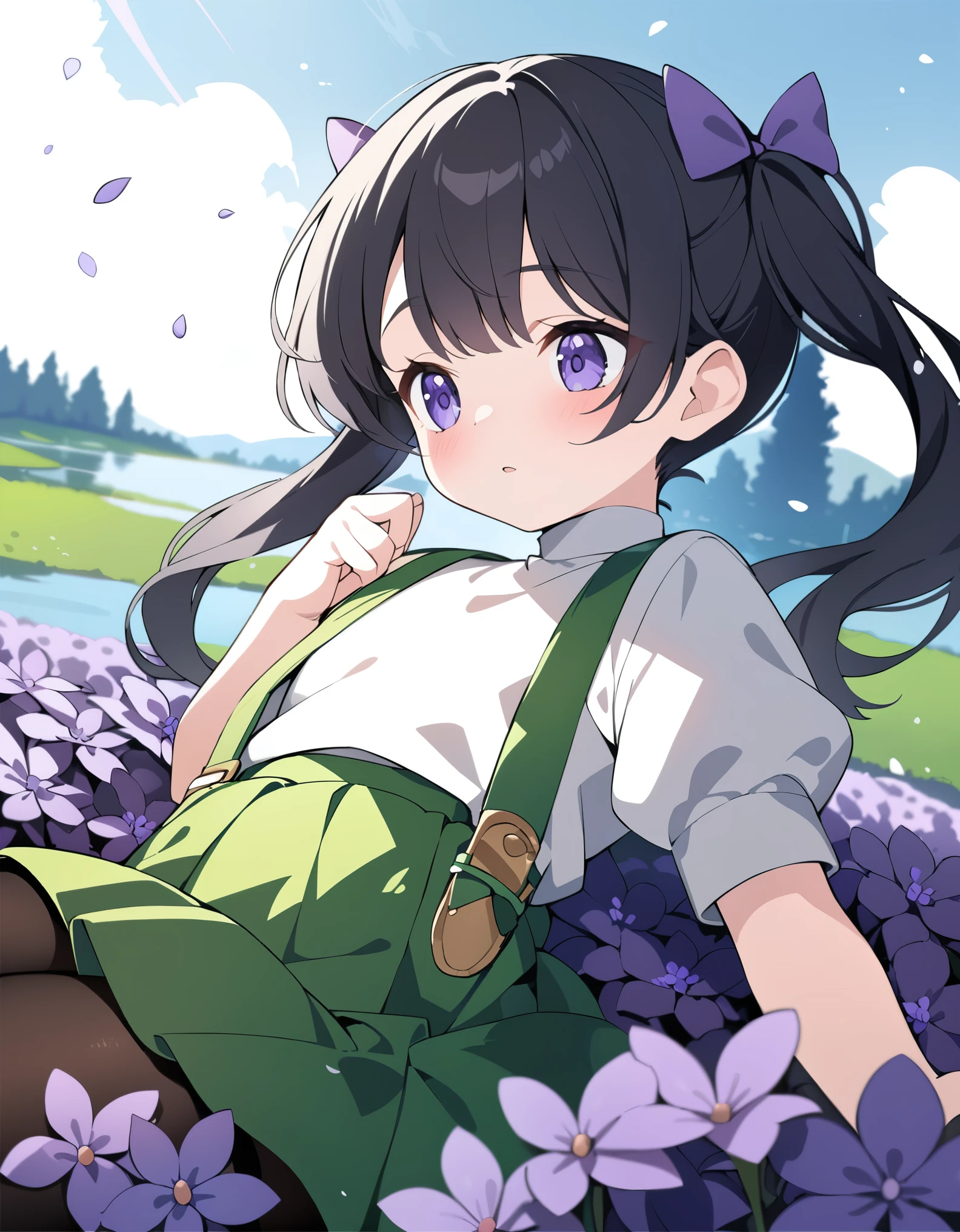 best quality, masterpiece, ultra resolution, super details, anatomically correct, 1 girl, (junior child:1.6), (black hair:1.2), high quality eyes, high quality hands, (high pigtails:1.4), (hair bows:1.3), (short hair:1.5), (white turtleneck:1.5), short sleeve, (bubble sleeves:1.2), (green skirt:1.5), (green suspenders:1.5), (black woolen pantyhose:1.5), mary janes, pleasant expression, her upper body reclining backwards, (purple flower field beside a lake:1.3), flying flower flakes, high quality background, depth of field, dutch angle