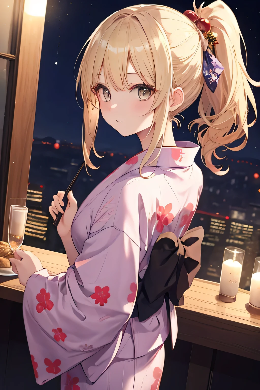 ((highest quality)), ((masterpiece)), (detailed), Perfect Face、Festive night、stall、yukata、ponytail、blonde、Smooth Hair、look back、