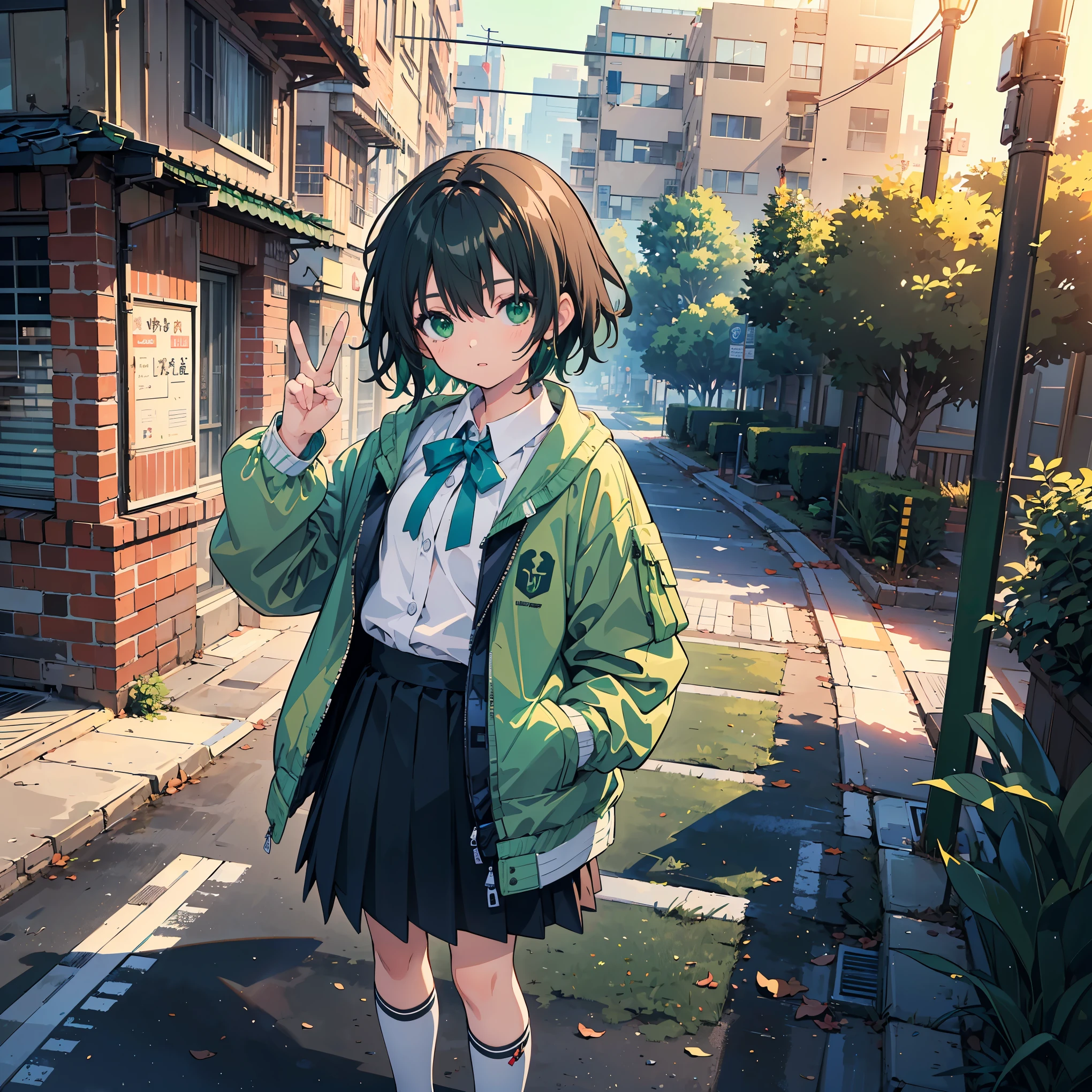 (masterpiece:1.2), (highest quality:1.2), Ultra-high resolution, Super detailed, Perfect Eyes, Perfect Face, Perfect lighting,((Standing anime girl)), peace sign, From Front, Surreal girl, (1 person,ta,boyish, , 13 y),((solo:1.3)), , Androgynous charm, (Very short hair), Black Hair, Messy Hair, small and soft breasts,Slender body, Small Ass, Small green eyes,Detailed and beautiful eyes, Well-proportioned iris and pupil, Expressive eyes, Beautifully detailed lips, High resolution detailed hair, ((Light green jacket:1.4)),(White shirt:1.4),((Checked Skirt)), Light green socks, Brown Loafers, Student bag, Ultra-dense skin, Sidewalk, Gweiz-style artwork, Makoto Shinkai's art style, lofi portrait, Digital anime art, Makoto Shinkai style, LOFI Girl, Anime-style illustrations, lofi art style, Anime illustration