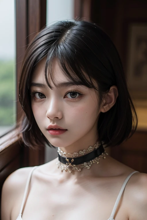 masterpiece, best quality, ultra detailed, masterpiece、Browsing Caution, super high quality、Crystal Clear、RAW UHD Format、Droopy eyes、High resolutionの光る目、highest quality, close, Realistic skin texture, photograph shoot, Detailed facial features, Film grain and high contrast, 非常にHigh resolutionの詳細, photograph, Realistic, Surreal, High resolution, masterpiece、17歳のウクライナ美少女photograph、Boyish and healthy girl、choker、short hair、Cowboy Shot
