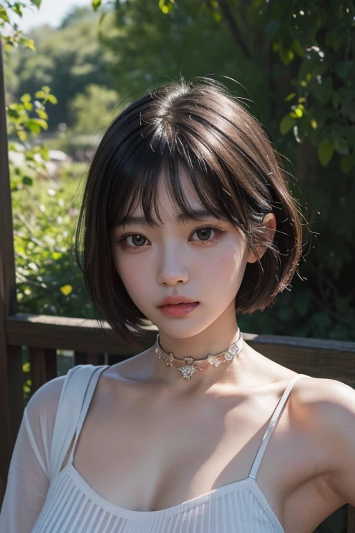 masterpiece, best quality, ultra detailed, masterpiece、Browsing Caution, super high quality、Crystal Clear、RAW UHD Format、Droopy eyes、High resolutionの光る目、highest quality, close, Realistic skin texture, photograph shoot, Detailed facial features, Film grain and high contrast, 非常にHigh resolutionの詳細, photograph, Realistic, Surreal, High resolution, masterpiece、１７歳のウクライナ美少女photograph、Boyish and healthy girl、choker、short hair、Cowboy Shot