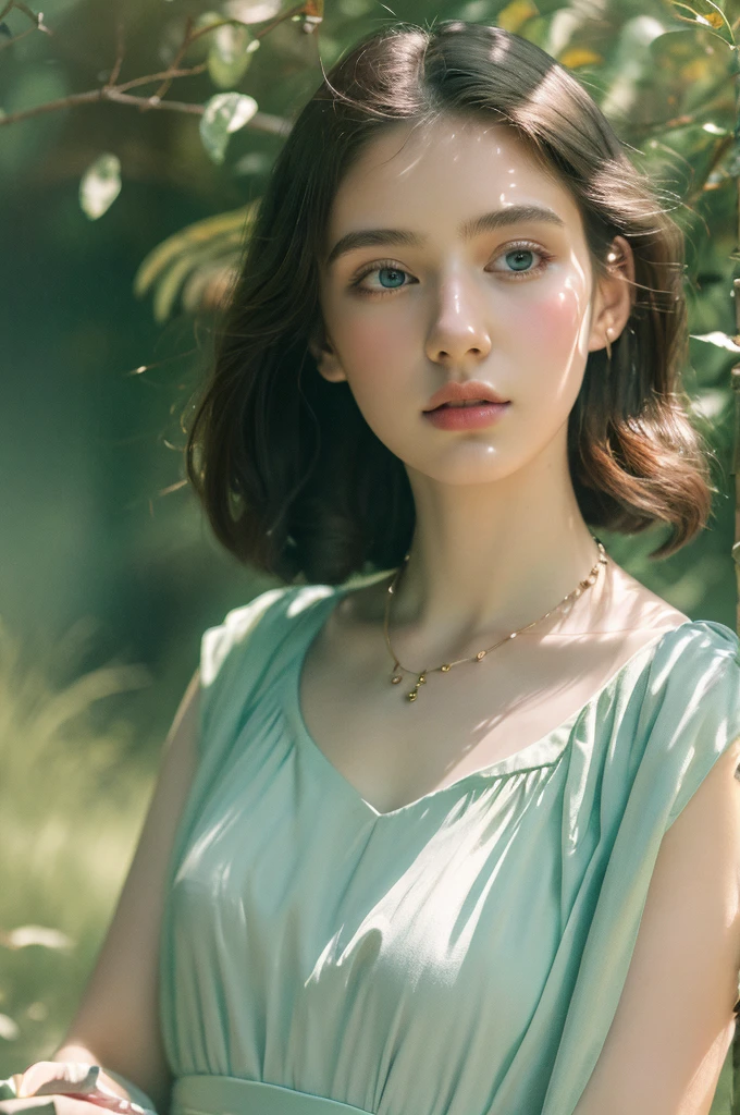 ( masterpiece, top quality, best quality,8k,17 years old girl,ultra detailed,raw photo:1.5),(photorealistic:1.4), (cinematic lighting), PerfectNwsjMajic, , Surrealism, UHD, ccurate, Super detail, textured skin, High detail, Best quality, dynamic angle, White skin,[Beautiful blue eyes], high nose,[flat chest:large breasts:0.5],(1girl),((good anatomy:0.5)), Dreamy atmosphere,expressive brush strokes, mystical ambiance, Artistic interpretation, Stunning Studio Ghibli style costumes, a whimsical illustration, Subtle colors and tones, mystical aura, jewelry, splendor, portrait