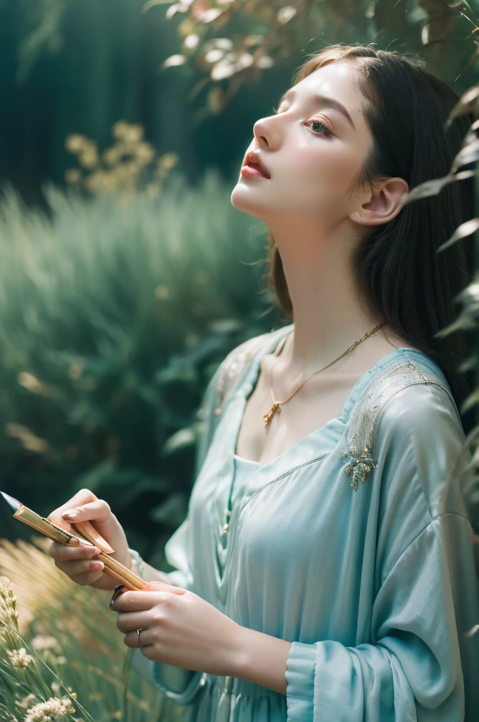 ( masterpiece, top quality, best quality,8k,17 years old girl,ultra detailed,raw photo:1.5),(photorealistic:1.4), (cinematic lighting), PerfectNwsjMajic, , Surrealism, UHD, ccurate, Super detail, textured skin, High detail, Best quality, dynamic angle, White skin,[Beautiful blue eyes], high nose,[flat chest:large breasts:0.5],(1girl),((good anatomy:0.5)), Dreamy atmosphere,expressive brush strokes, mystical ambiance, Artistic interpretation, Stunning Studio Ghibli style costumes, a whimsical illustration, Subtle colors and tones, mystical aura, jewelry, splendor, portrait