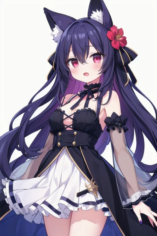 masterpiece, top quality, super detailed, CG illustration, high resolution, better lighting, best shadows, very delicate and beautiful, proper shading, hd, 8k,1girl, solo, long hair, breasts, looking at viewer, open mouth, bangs, skirt, hair ornament, long sleeves, dress, ribbon, animal ears, hair between eyes, bare shoulders, medium breasts, standing, Bloodred eyes, flower, DeepPurple hair, sidelocks, frills, detached sleeves, hair flower, wide sleeves, nail polish, black dress, animal ear fluff, fox ears, black ribbon, neck ribbon, hair tubes, white skirt, black background, red nails, Purple flower, black sleeves