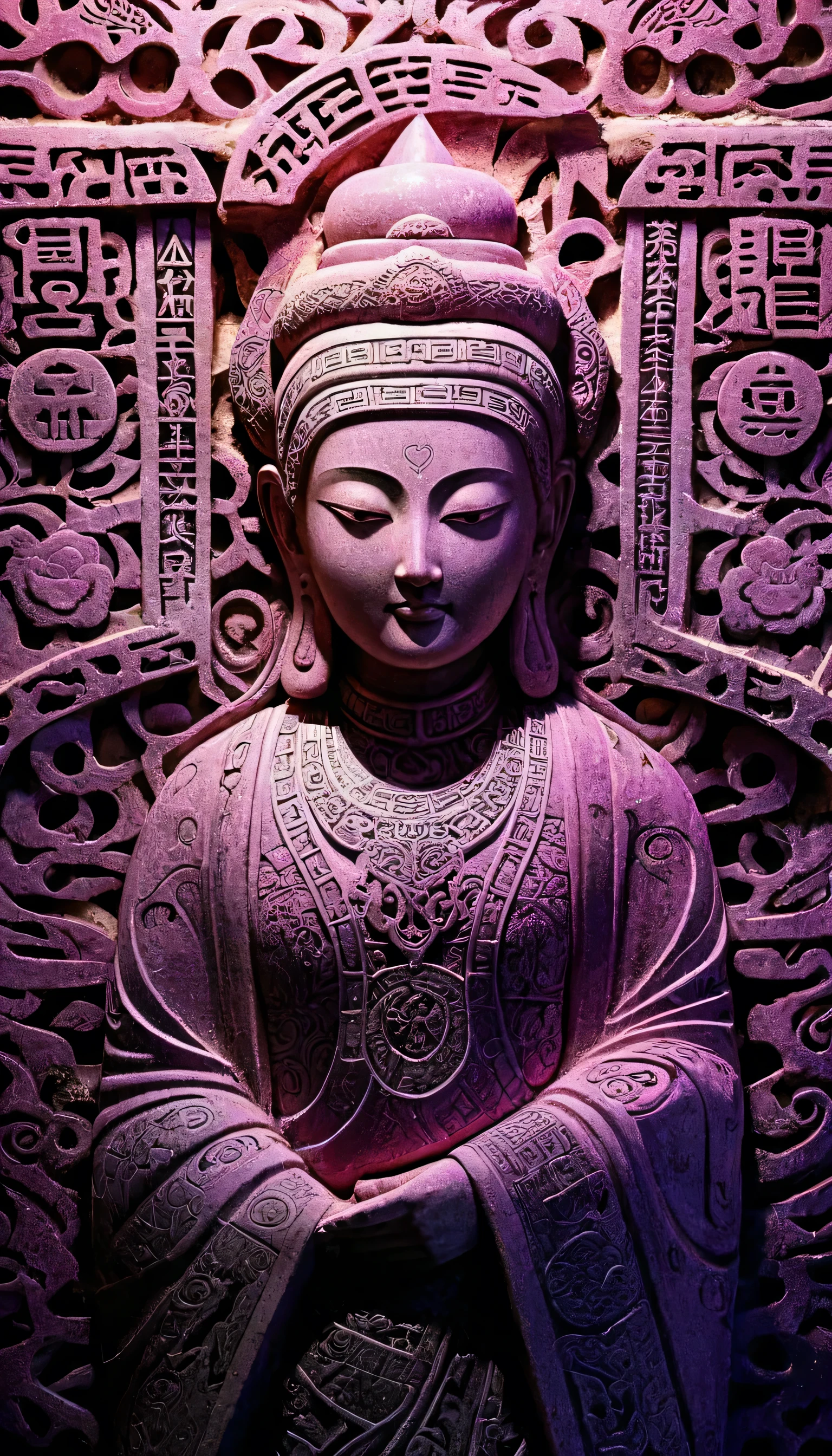 Pink、Extremely detailed close-up of a beautiful ancient oriental stone carving, Supermodel body, Ancient Text Tattoos, orientalism, (Upper thigh shot:1.3), Ornate, intricately carved hieroglyphics, Illuminate, Heart's、Arranged on a background of carved stone, cracked