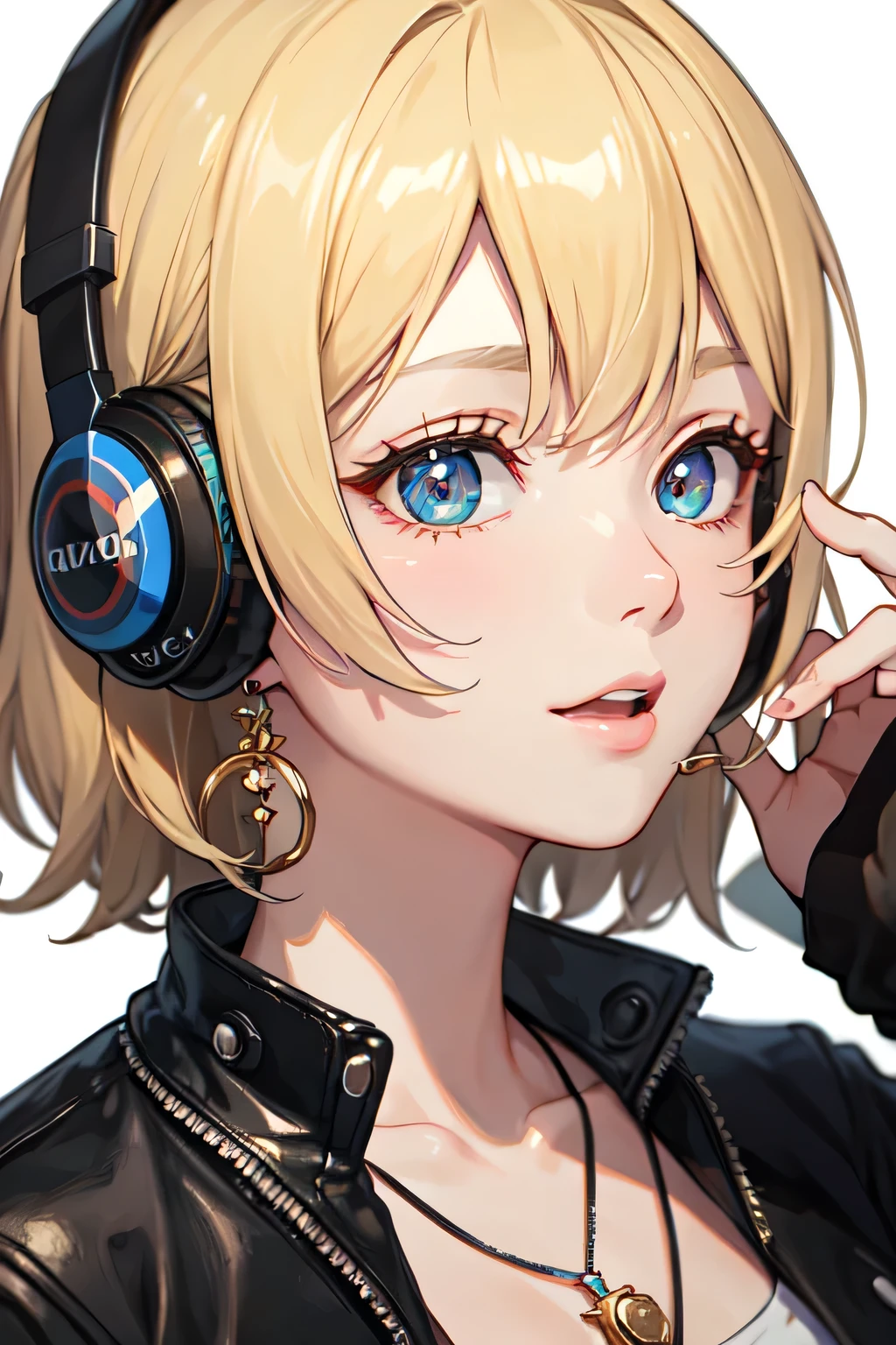 ((highest quality)), ((masterpiece)), (detailed), Perfect Face、listen to music、headphone、fun、blonde、Smooth Hair、necklace、Earrings、