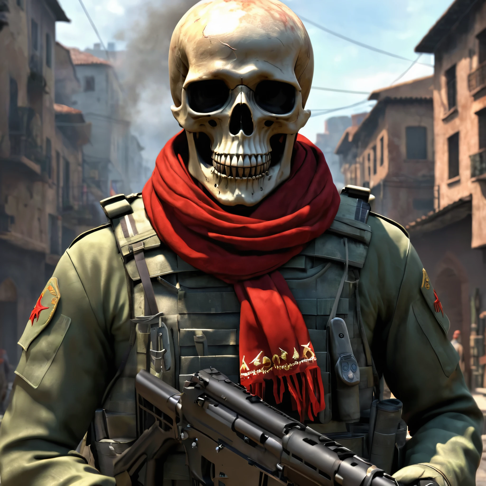 arte reflexivo. Soldado musculoso concaneza de calavera, lleva muchas armas y municiones, On his forehead he wears a red scarf that has the text embroidered "Celery", lleva uniforme militar, Behind him in the flames you can see the face of a demon. Render 3d,artecinseotusl,realista,fantasia oscura. A unique photographic work worthy of winning 35 awards. El fondo esta borroso. Una obra maestra . perfect composition, Beautiful incredibly detailed intricate octane rendering