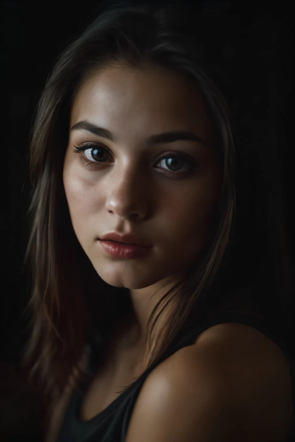 (close-up, editorial photograph of a 21 year old woman), (highly detailed face:1.4) (smile:0.7) (background inside dark, moody, private study:1.3) POV, by lee jeffries, nikon d850, film stock photograph ,4 kodak portra 400 ,camera f1.6 lens ,rich colors ,hyper realistic ,lifelike texture, dramatic lighting , cinestill 800,
