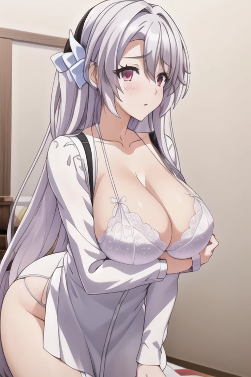 Long hair,粉红色的Eye,Silver Hair,1 girl, 20 years,Young women,fair Finger,fair long legs,fair body,fair Nose,fair character design, perfect Eye, perfect Face,expressive Eye,Perfect balance, Looking at the audience,(Focus on her Face),Shut up, (Innocent_Large target_Eye:1.0),Light_Smile, official art,Extremely detailed CG Unity 8K wallpaper, Perfect lighting,rich and colorful, bright_front_Face_Lighting,有Light泽的皮肤, (masterpiece:1.0),(the best_quality:1.0), Ultra-high resolution,4K,Super detailed, photography, 8k, HDR, high resolution, absurd:1.2, Kodak Portrait 400, Film Grain, Blurred background, Bokeh:1.2, 鏡頭Light暈, (Energetic_color:1.2),专业photography师, (fair,Large target_breast:1.4), (fair_Face:1.5),(narrow_waist),White lingerie,White lace,White bra, White underwear,White lingerie, Slim sexy body, full body,Double tail