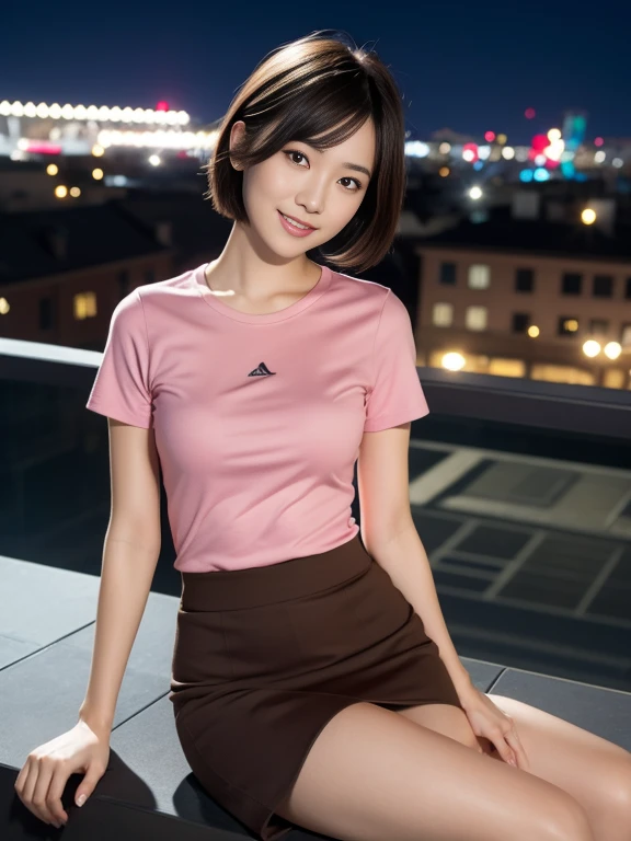 ((midnight, Acura, 8k, masterpiece: 1.3)), Full Body Esbian, Long legs, Four colors: 1.2, Beautiful Women in Perfect Shape: 1.4, Slim abdominal muscles: 1.1, (Dark brown hair,: 1.2 )), (Pink T-shirt, Short skirt,sit on the chair: 1.2), (City night scene, roof: 1.3)), Highly detailed face and skin texture, Eye of detail, double eyelids,Japanese Beauty、Smile、short hair style,real picture,Shot with Sony camera