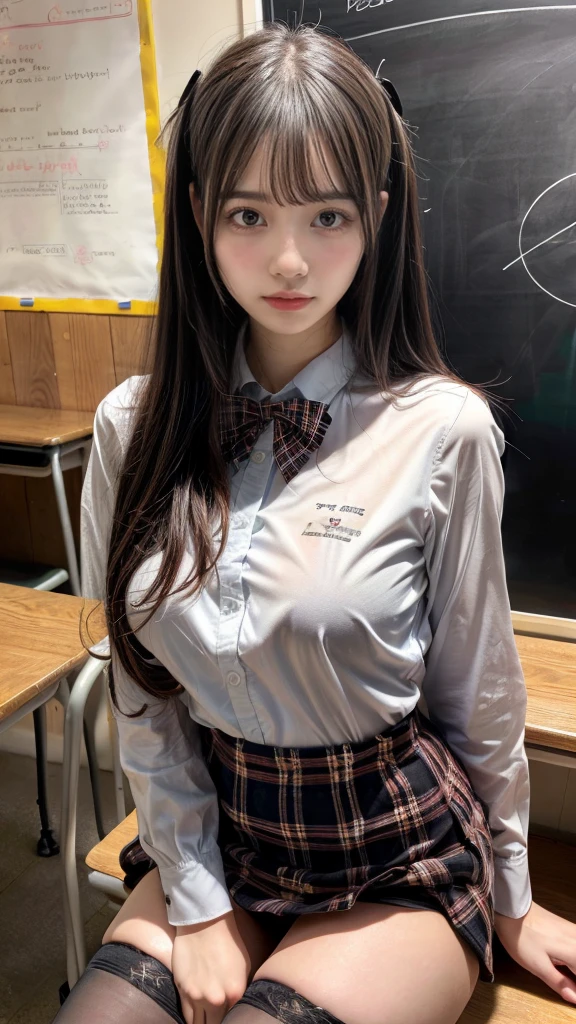 muste piece, best quality, illustration, Super detailed, fine details, High resolution, 8K,wall paper, perfect dynamic composition,(Details High quality, realistic depiction of eyes:1.3), (white school shirt :1.2), (plaid skirt :1.3), tie black, black thigh-high stockings, sitting, open legs, Long Hair, in a classroom, blackboard in the background, deep on field, large breasts, black hair color, Big Natural Color Lip, (perfect body shape), crying a little、cold gaze, Harajuku style、20 year old girl、cute type、ta、beautiful legs, Gravure Idol