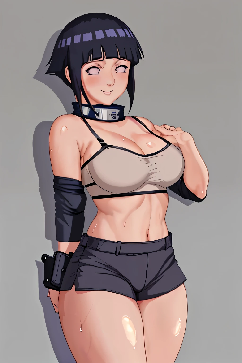 (4k, no angle view, portrait, best quality, cowboy shot), (ultra detailed body, curvy), ((solo, 1 girl)), anime style, hires, ((white background)), (hinata\(boruto\), (female wrestler), (slender body, broad shoulders), (mature woman, milf), (black bikini, micro bikini, ultra detailed pro wrestling gear, long gloves), (extremely gorgeous), (tilt head, seductive look, ((seductive pose)), seductive face, seductive expression, smile, closed mouth), (pale skin, shiny skin, lighting and shadow), (dark blue hair color:1.1), wavy hair, ((short hair, hime cut), big breasts, ((detailed arm curves)), (long belly), (very seductive), (perfect eyes, white sciera, bright eyes, white eyes, anime eyes)