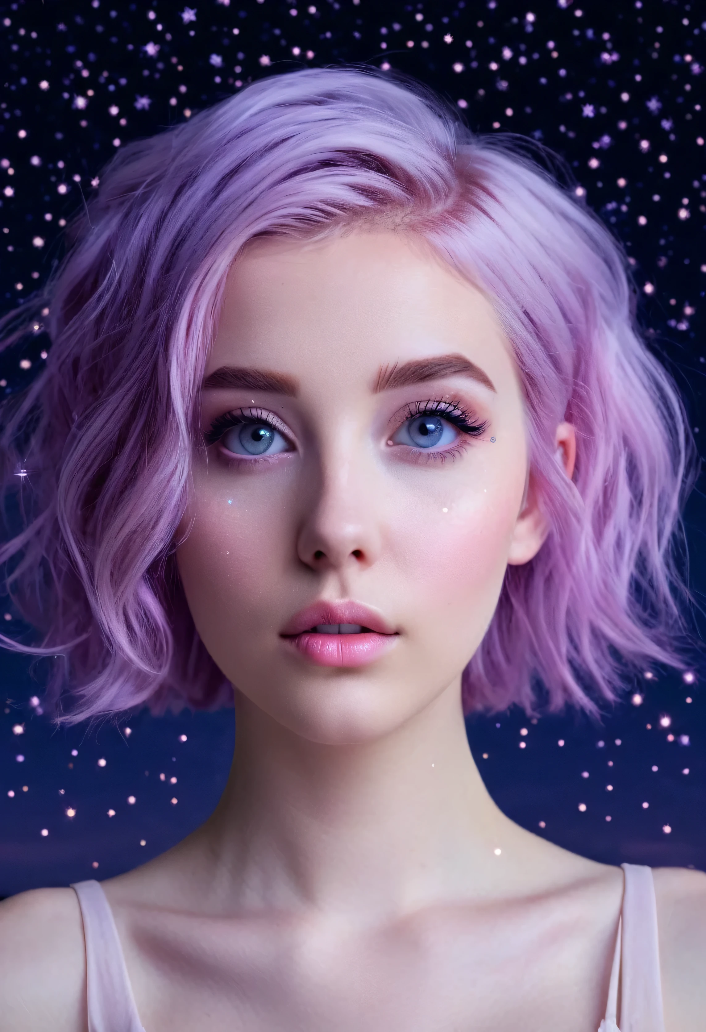 ((masterpiece,best quality)),(negative space:1.4),(1girl, solo:1.4),beautiful detailed eyes,floating pastel pink and lavender hair, lavender eyes, at night, starry sky, stars shining