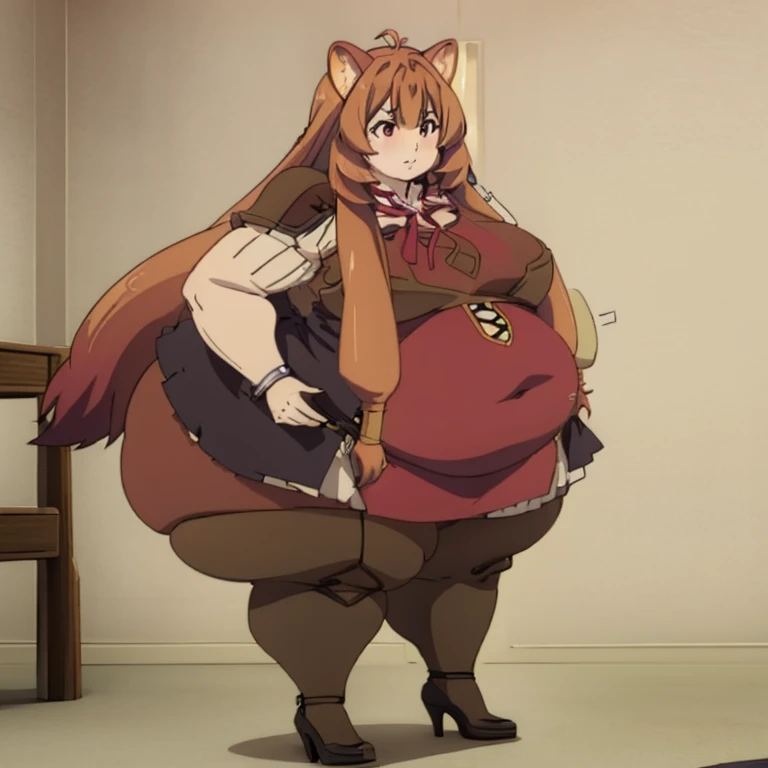 1girl, top heavy figure, (((incredibly big chest))), ((saggy chest)), plump, incredibly plump, ((big belly)), (((big tits))), wide, (((obese))), (((fat))), ((love handles)), double chin, out of shape, obese, fatty, shortstack, short woman, big bossom, ((milf)), small height, mature, standing, full body, bbw, ssbbw,  raphtalia, raccoon tail, raccoon ears, red eyes, long hair, brown hair, brown bikini, high heels, pantyhose
