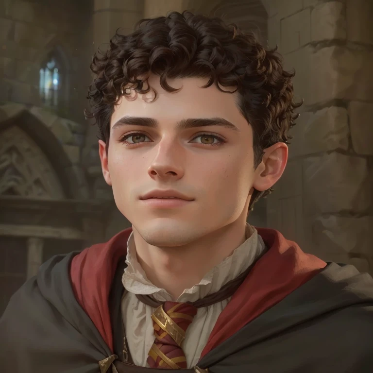 arafed image of a young man in a harry potter costume, he has short curly brown hair, young wizard, 8k portrait render, d&d protagonist, hogwarts legacy, david marquez, young half elf wizard, harry, realistic restored face, high quality portrait, 8k highly detailed face, character portrait closeup, character close up, photorealism 8k
