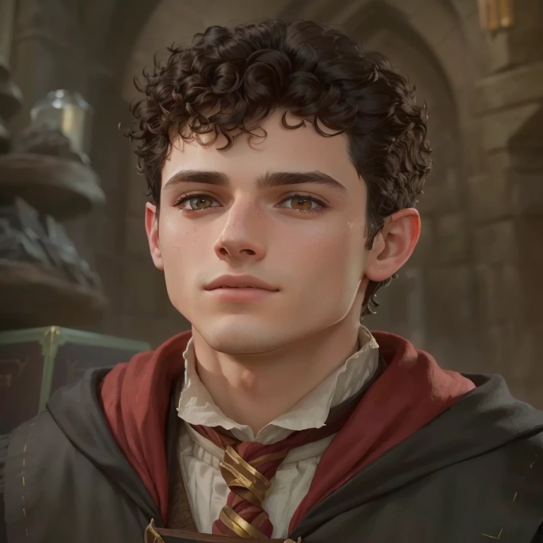 arafed image of a young man in a harry potter costume, he has short curly brown hair, young wizard, 8k portrait render, d&d protagonist, hogwarts legacy, david marquez, young half elf wizard, harry, realistic restored face, high quality portrait, 8k highly detailed face, character portrait closeup, character close up, photorealism 8k