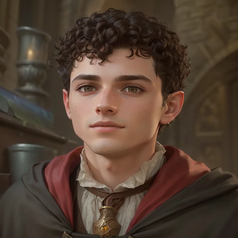 arafed image of a young man in a harry potter costume, he has short curly brown hair, young wizard, 8k portrait render, d&d protagonist, hogwarts legacy, david marquez, young half elf wizard, harry, realistic restored face, high quality portrait, 8k highly detailed face, character portrait closeup, character close up, photorealism 8k