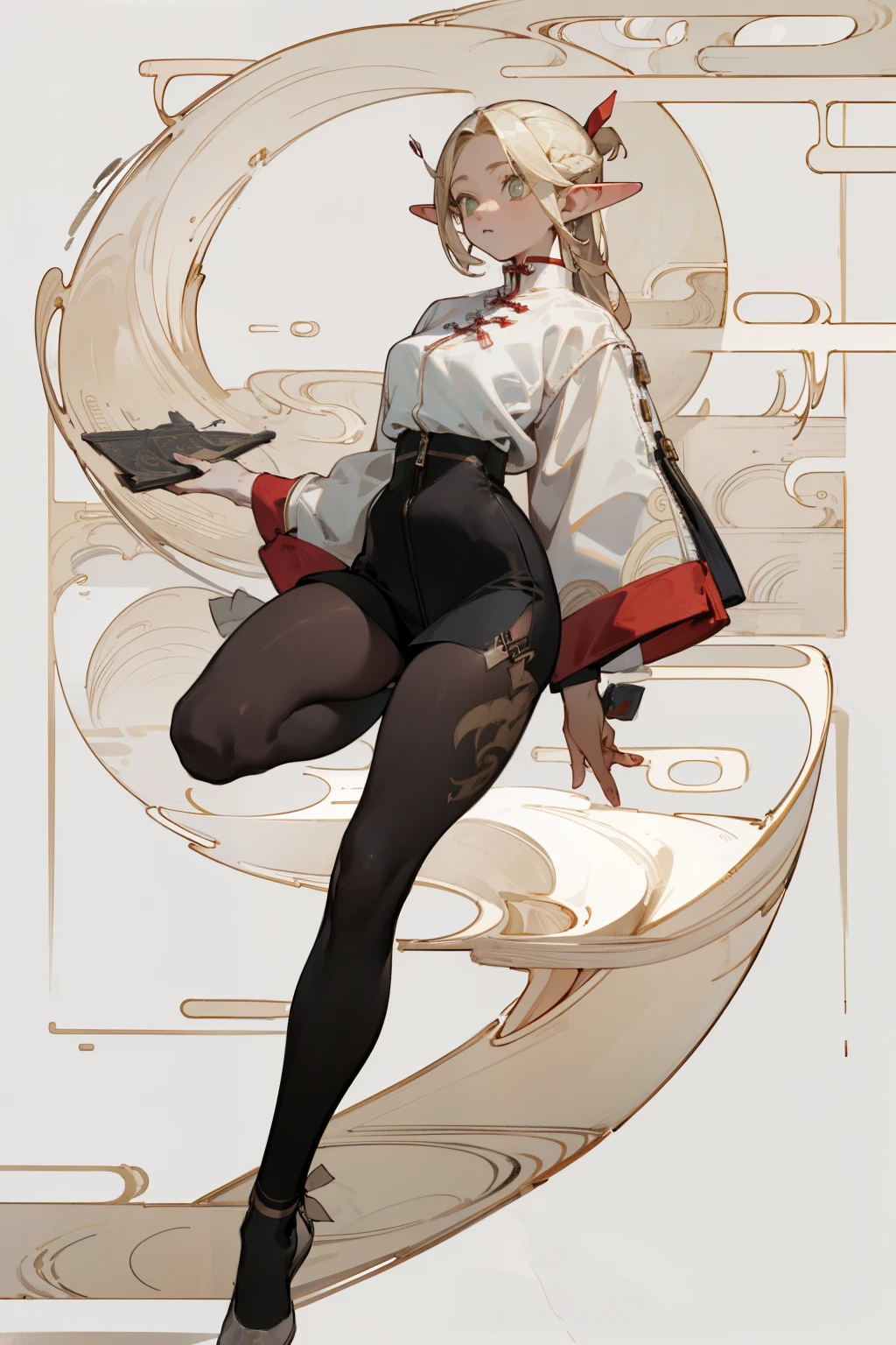 (masterpiece, best quality) detailed, Wearing black tights, silver accessories , The zipper is not closed , Blonde ,elegant, Pointed ears ，whole body，Chinese element pattern，thigh，漏出thigh，White shirt