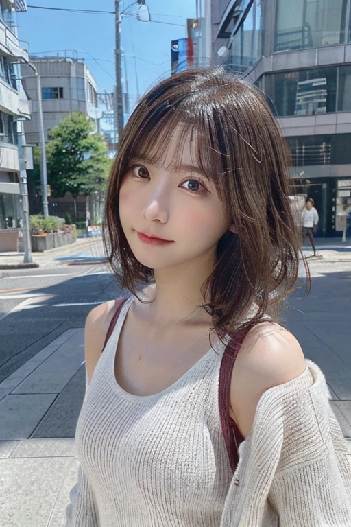 (Huge 、White see-through summer knit、Shoulder bag)、(highest quality,masterpiece:1.3,超A high resolution,),(Very detailed,Caustics),(Photorealistic:1.4,RAW shooting,)Ultra-Realistic Capture,Very detailed,High resolution 16K for human skin、 Natural skin texture、、Skin tone is even and healthy looking、 Use natural light and color,One Woman,Japanese,,cute,Grey Curly Hair,Middle Hair,(Written boundary depth、chromatic aberration、、Wide range of lighting、Natural Shading、)、(Hair swaying in the wind:1.2)、Tokyo cityscape