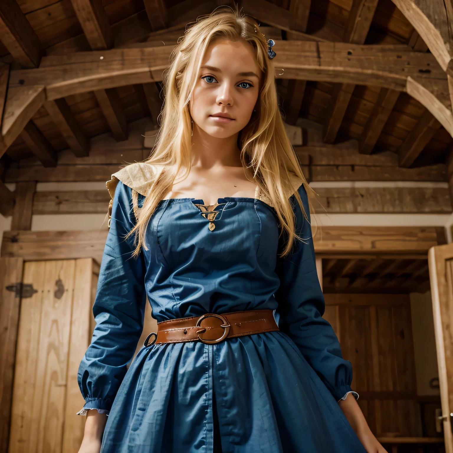 Best quality, young girl, blonde, sad emotions, blue eyes dressed in medieval clothing, waist-length view