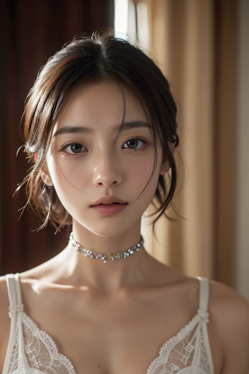 masterpiece, best quality, ultra detailed, masterpiece、Browsing Caution, super high quality、Crystal Clear、RAW UHD Format、Droopy eyes、High resolutionの光る目、highest quality, close, Realistic skin texture, photograph shoot, Detailed facial features, Film grain and high contrast, 非常にHigh resolutionの詳細, photograph, Realistic, Surreal, High resolution, masterpiece、17歳のウクライナ人美少女photograph、Boyish and healthy girl、choker、short hair、Cowboy Shot