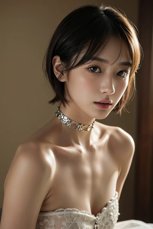 (Highest quality、4K、8k、High resolution、masterpiece:1.2)、Very detailed、(Genuine、Realistic、Realistic:1.3)、Japanese women、blonde、Pixie Cut、black choker、side boob、under boob、(from side)