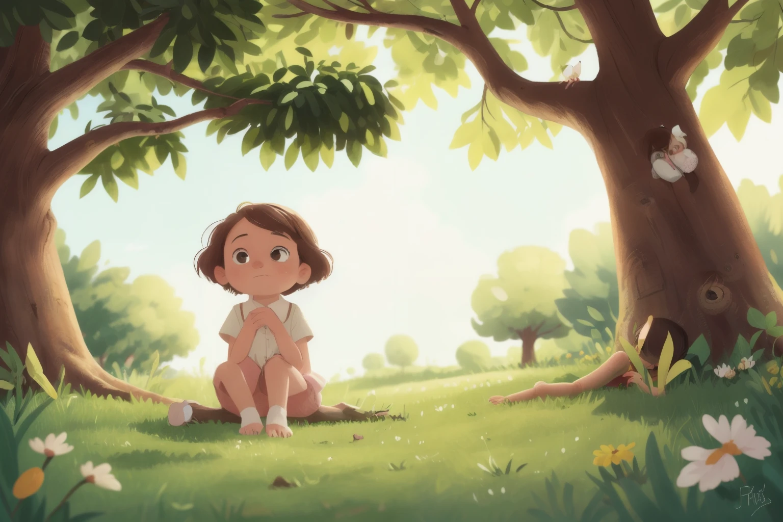 A girl under a tree facing back