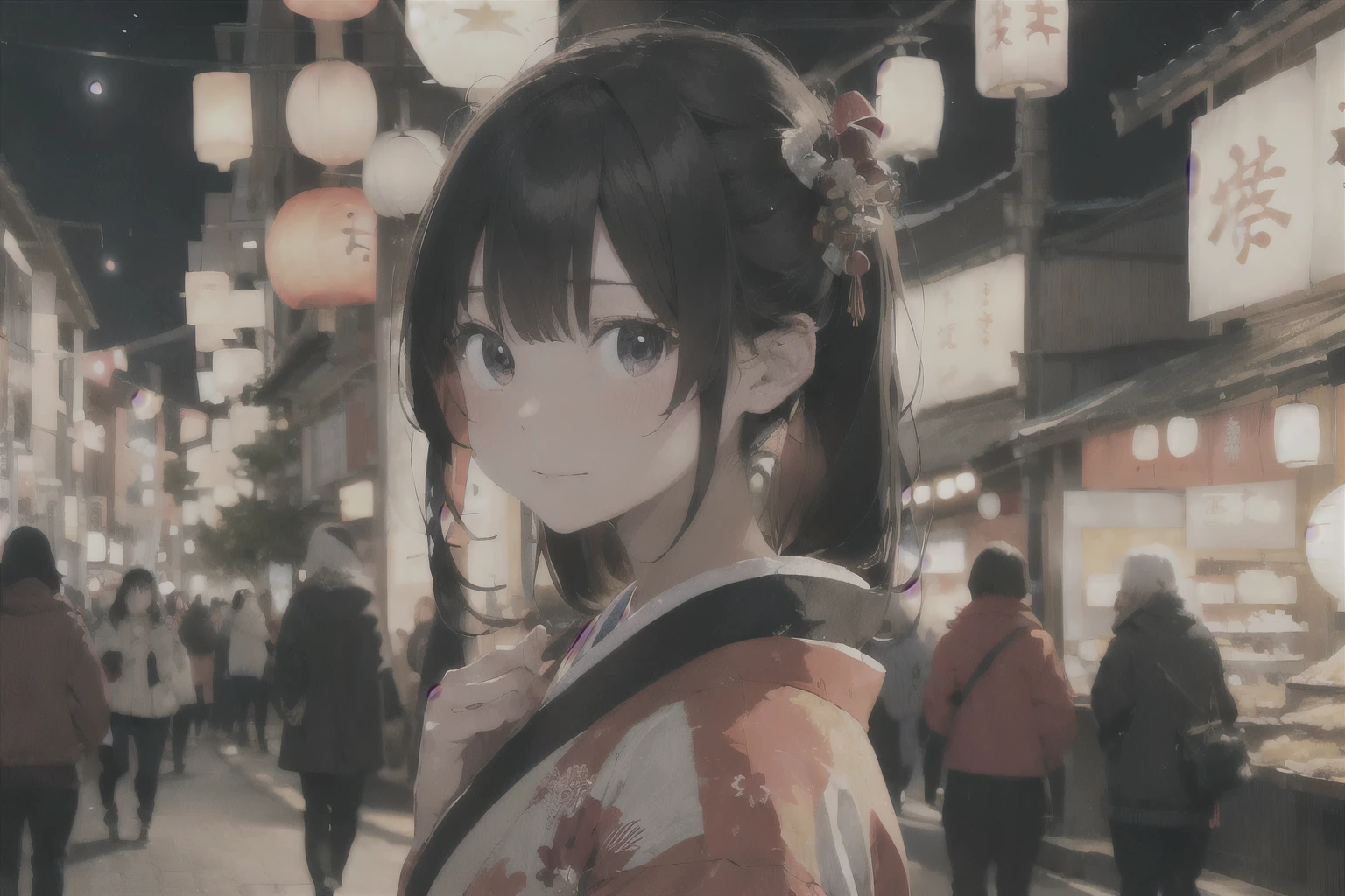 Create an image of an anime-style girl with long black hair wearing a traditional Japanese kimono. She is standing in front of a lit street on a festive night, filled with lanterns and bustling crowds. Warm light emanates from the lanterns and the atmosphere is vibrant. The scene suggests a festive evening in a historical Japanese setting. The entire scene should evoke a sense of beauty and cultural richness.