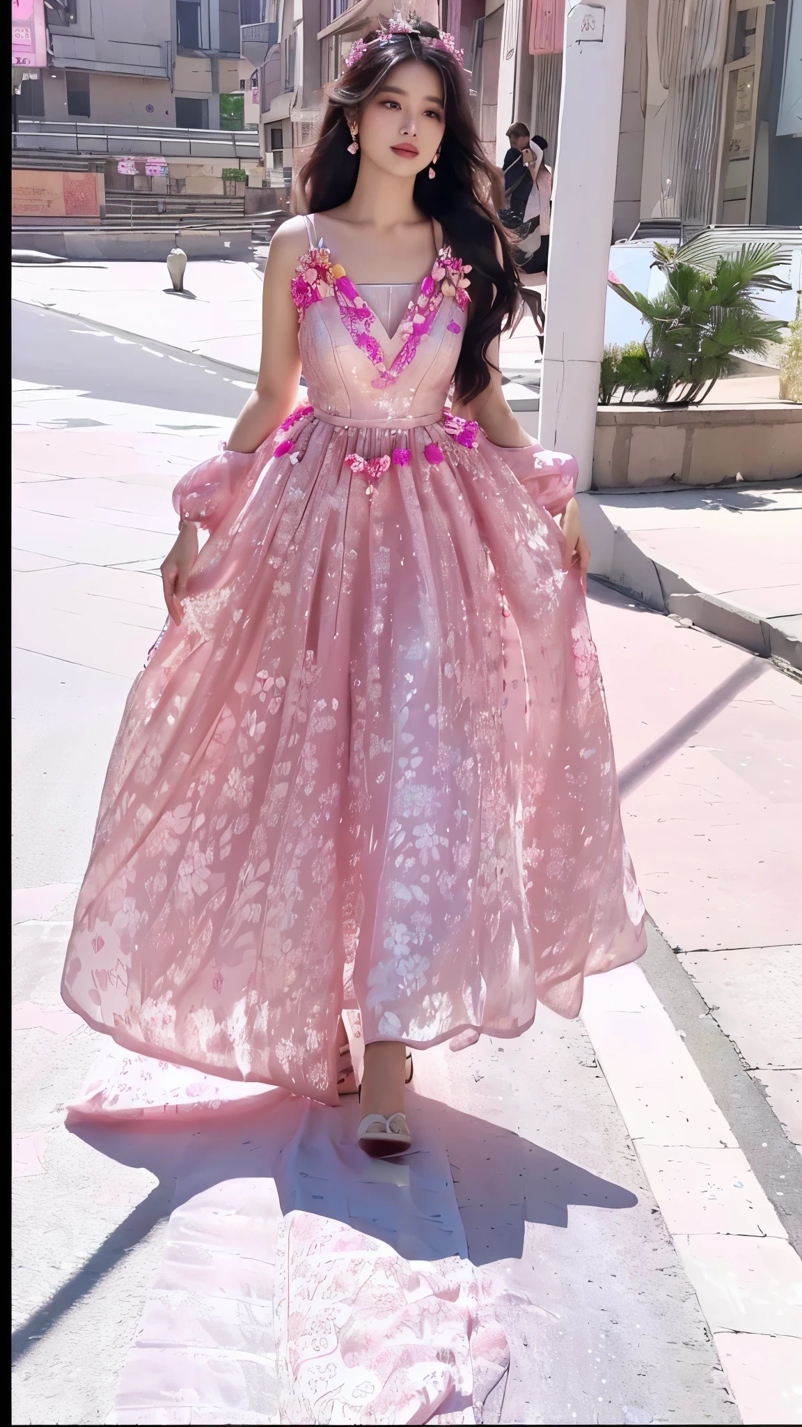 araffe woman in a pink dress walking down a street, wearing pink floral gown, wearing a dress made of beads, dressed beautiful gown, very beautiful enga style, frock, flowing dress, wearing pink floral chiton, wearing beautiful clothes, gown, dressed in long fluent skirt, wearing long gown, wearing a magnificent dress, wearing a wonderful dress, full covered dress