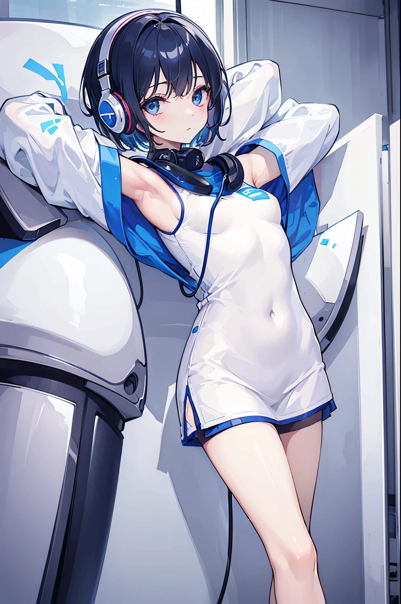 Woman listening to music with headphones in her room、short hair、Oversized、Arms wrapped behind head、2 arms、1 person、masterpiece、Highest quality、highest quality、1 personの女の子、8k、Very beautiful eyes、winking、Small breasts