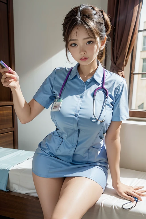 standing、High resolution、nurse、(nurse uniform、Stethoscope)、mini skirt、28-year-old woman、Huge breasts、Looking at the camera、Finish as shown in the picture、Her skin is white and beautiful、(Plump thighs)、brunette hair tied back、Laughter、The background is a hospital room、