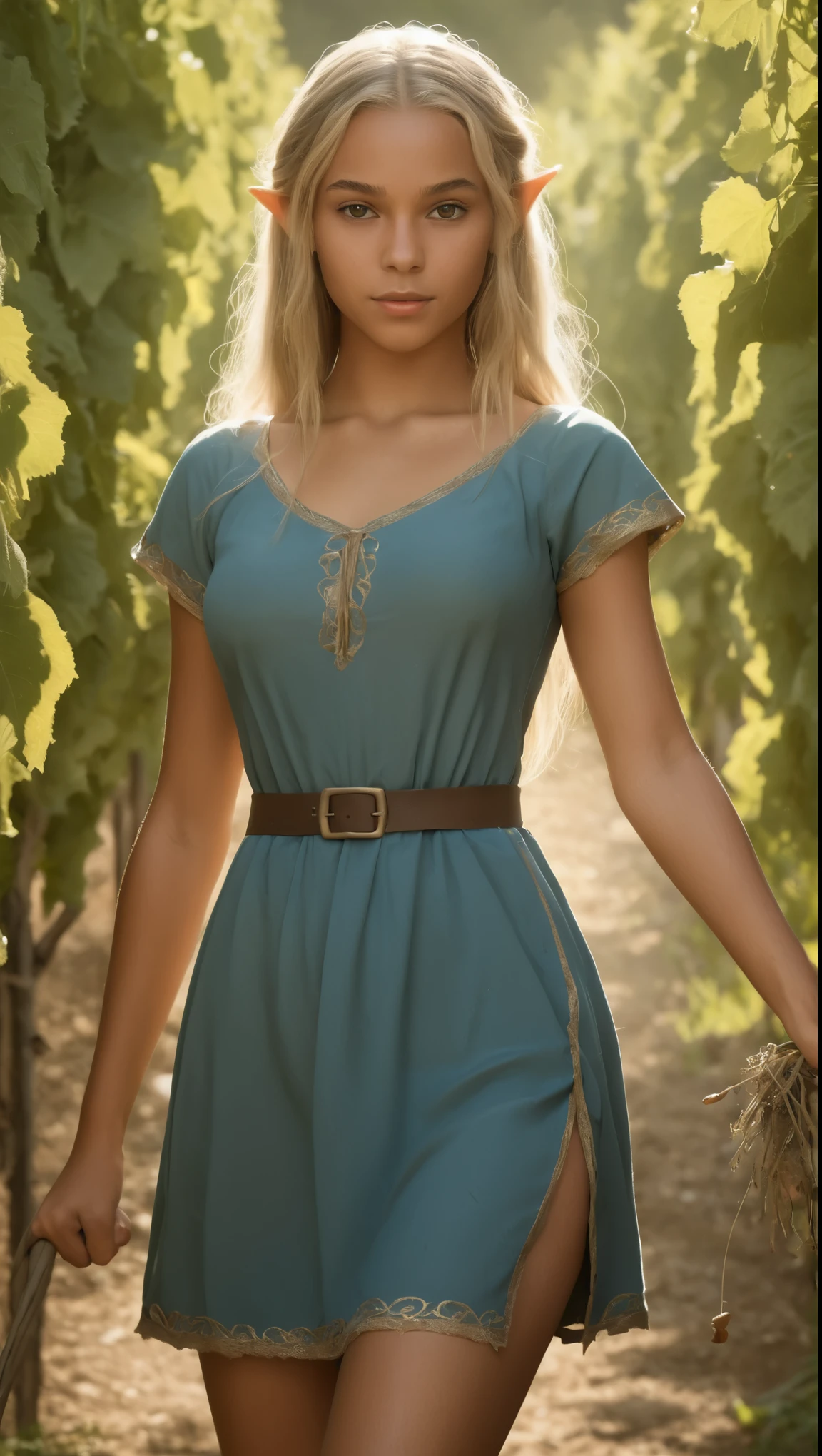 An illustrated movie poster, hand-drawn, full color, a teenage elven girl, wearing a cotton dress, brown skin, sun-tanned olive complexion, Amazonian body, very tall, athletic, hourglass figure, curvy, generous ????, long legs, ridiculously thick powerful thighs, sapphire eyes, long pointy elf ears, ash blonde hair, short shaggy bob, posing in a sunny vineyard, wet glistening skin, hard shadows, graphite shading, stencil marks, airbrushed acrylic paint, masterpiece, in the style of Lord of the Rings 