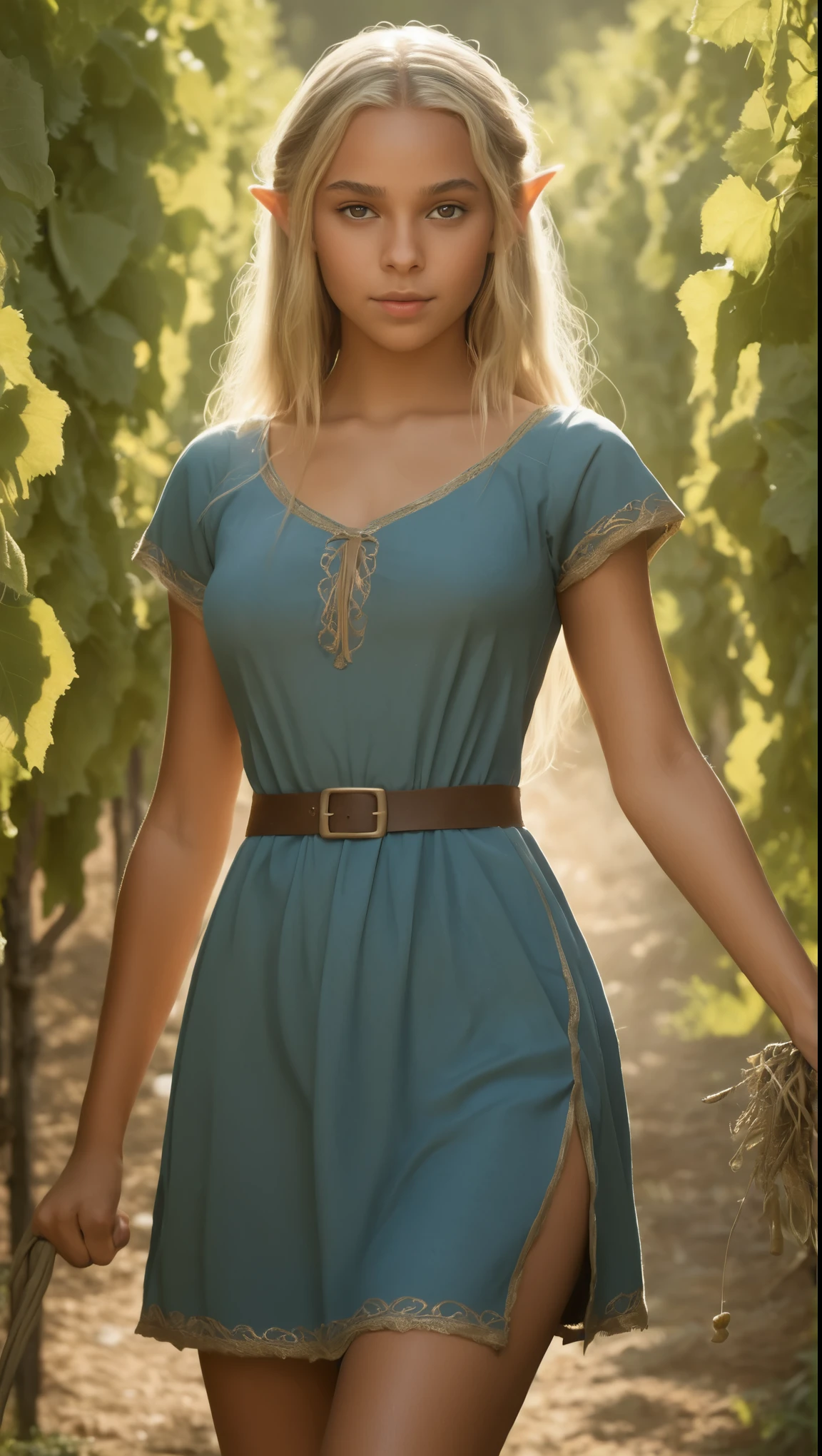 An illustrated movie poster, hand-drawn, full color, a teenage elven girl, wearing a cotton dress, brown skin, sun-tanned olive complexion, Amazonian body, very tall, athletic, hourglass figure, curvy, generous hips, long legs, ridiculously thick powerful thighs, sapphire eyes, long pointy elf ears, ash blonde hair, short shaggy bob, posing in a sunny vineyard, wet glistening skin, hard shadows, graphite shading, stencil marks, airbrushed acrylic paint, masterpiece, in the style of Lord of the Rings 